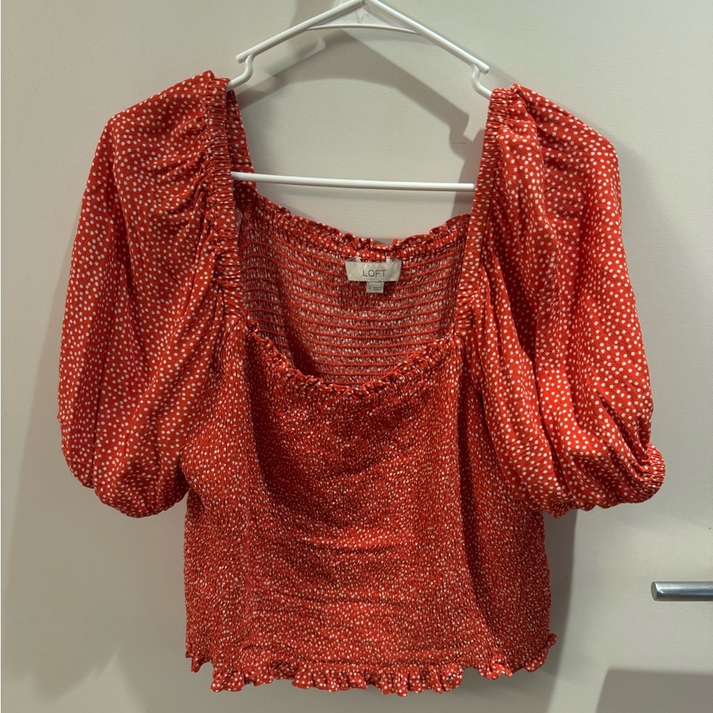 LOFT Red and White Puff Sleeve Blouse